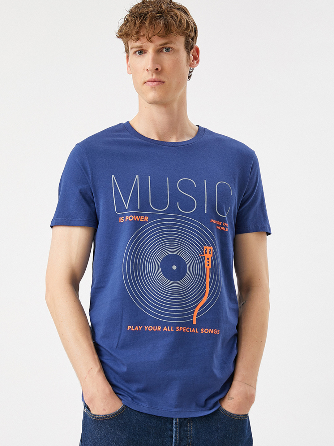 

Koton Men Blue & Grey Typography Printed Cotton Slim Fit T-shirt