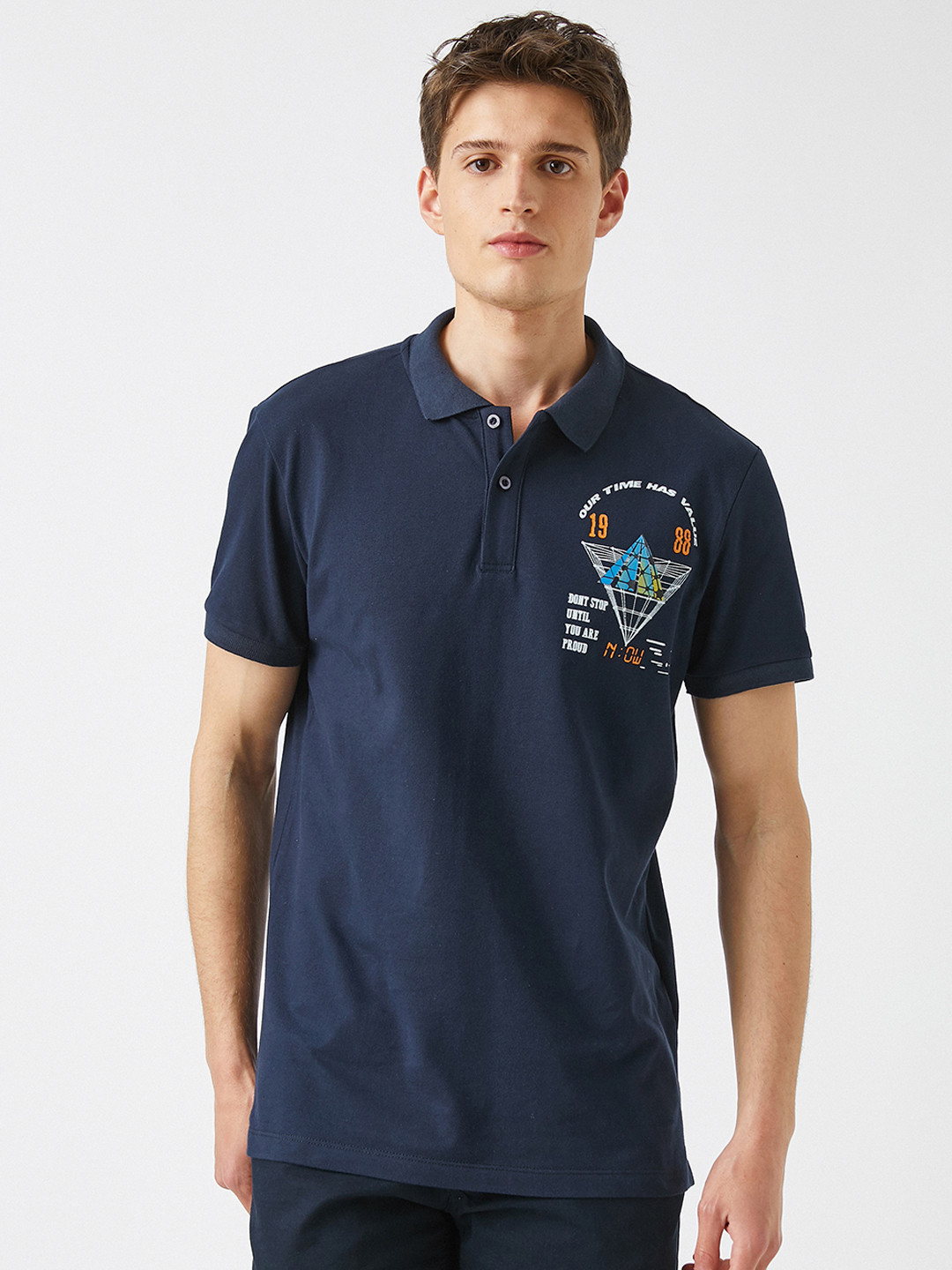 

Koton Men Navy Blue Printed Polo Collar Slim Fit Cotton T-shirt