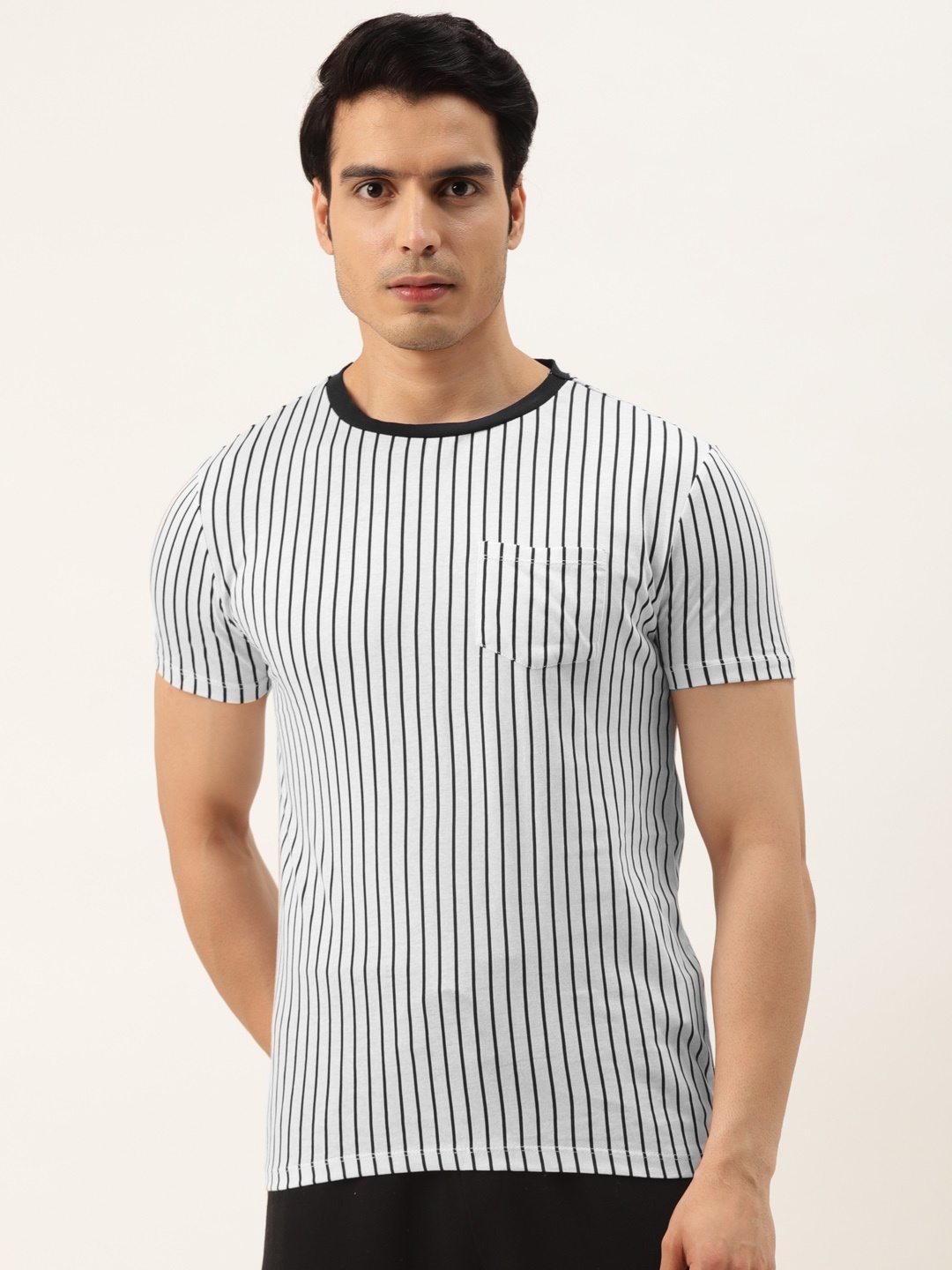 

Koton Men White & Navy Blue Striped Slim Fit T-shirt