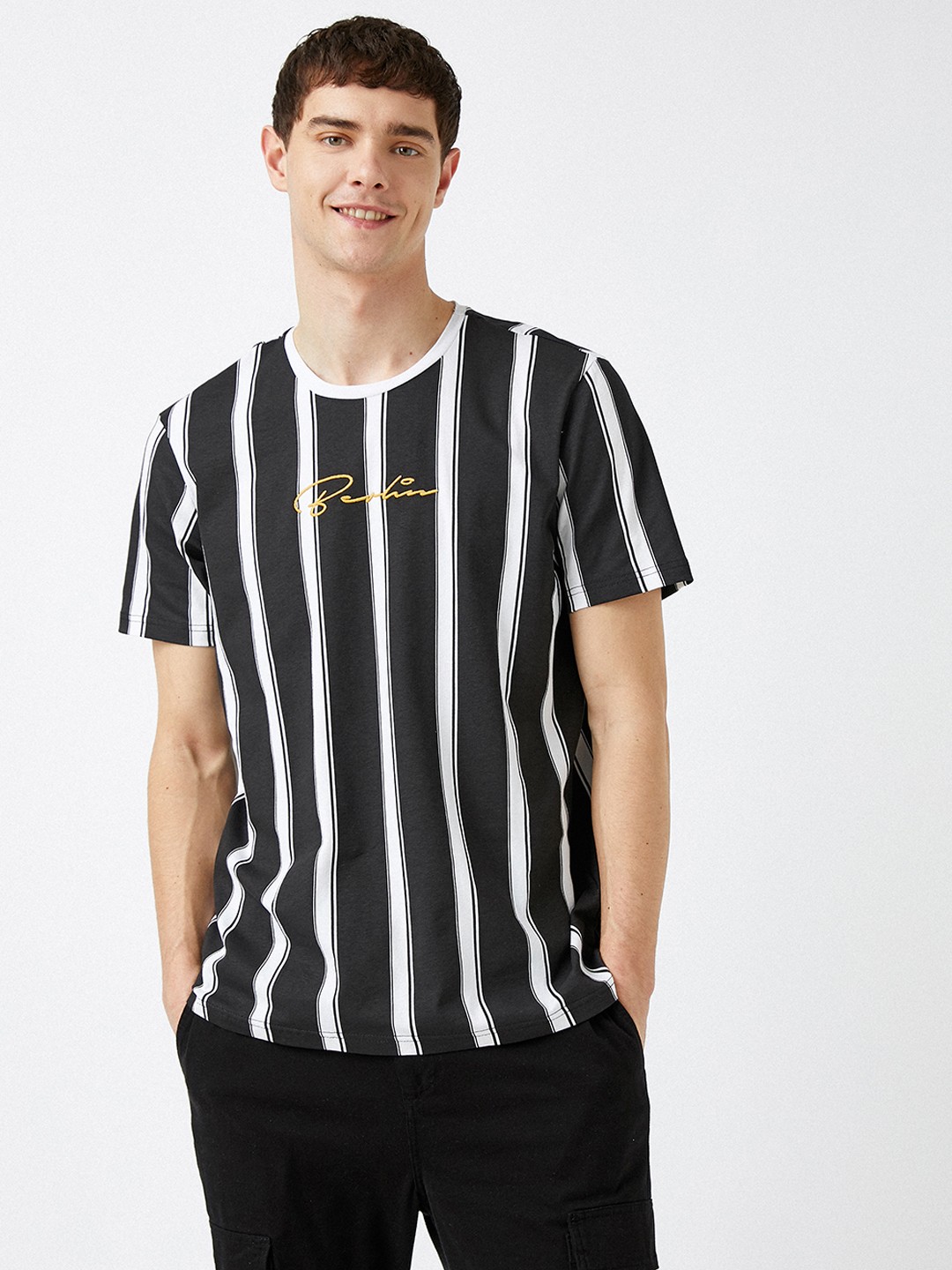 

Koton Men Black & White Monochrome Stripes T-shirt