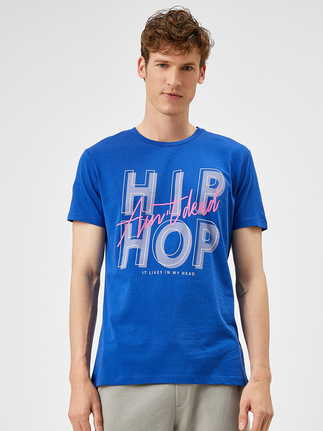 

Koton Men Blue Grey Slim Fit Slogan Print Cotton Pure Cotton T-shirt