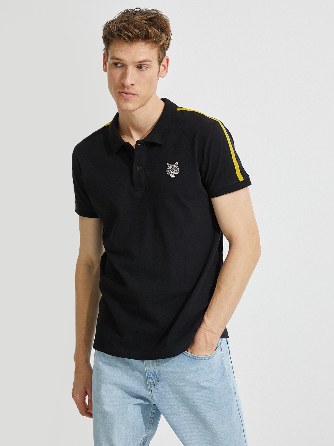 

Koton Men Black Polo Collar Applique Slim Fit Pure Cotton T-shirt