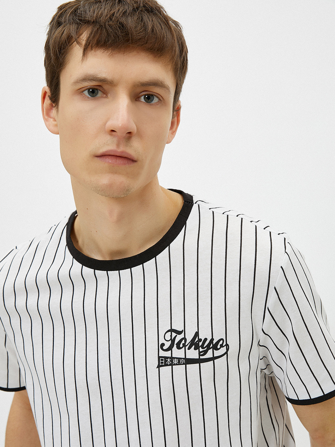 

Koton Men White Black Striped Pure Cotton Slim Fit Pure Cotton T-shirt