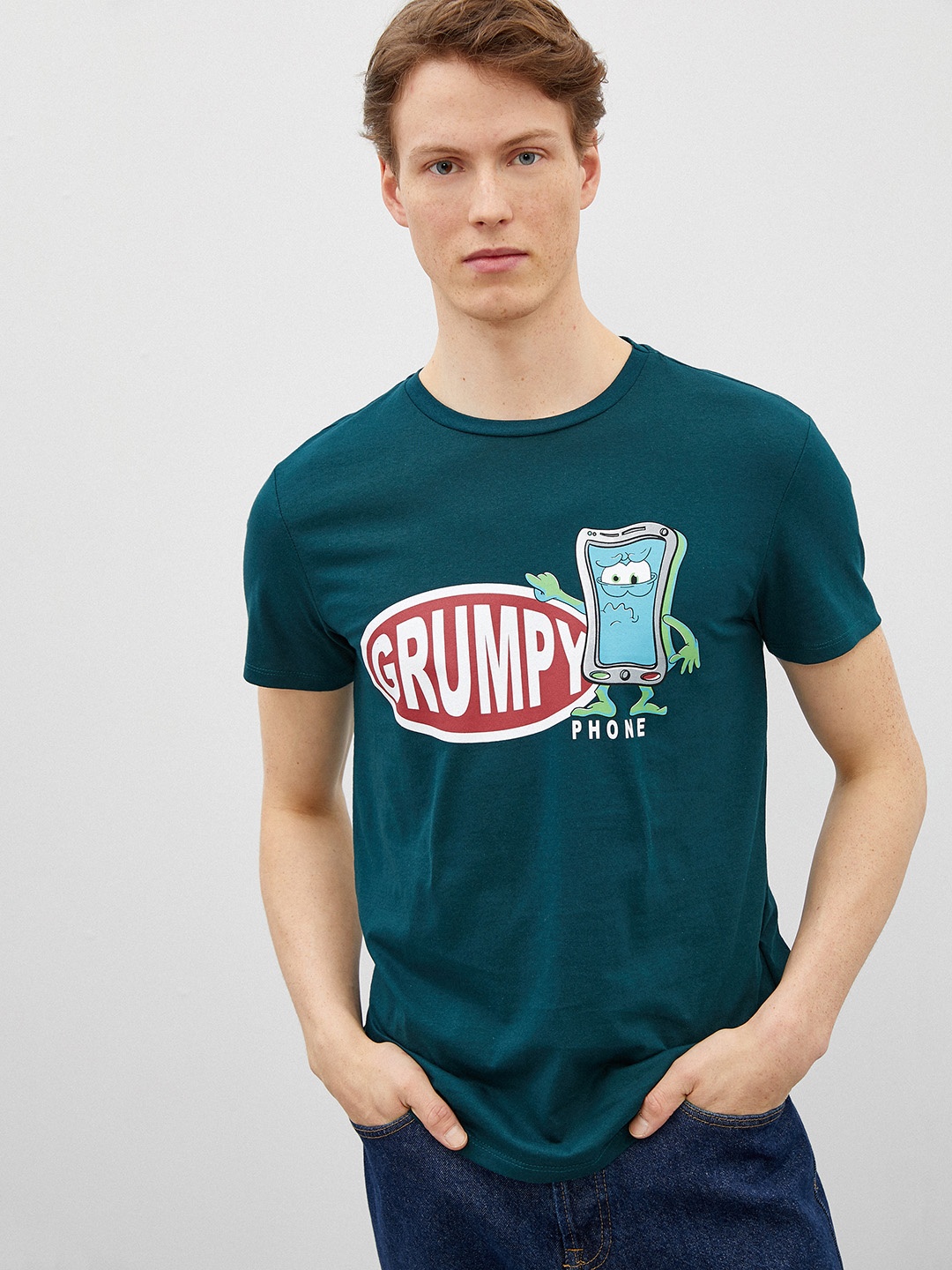 

Koton Men Green Typography Printed Slim Fit Pure Cotton T-shirt