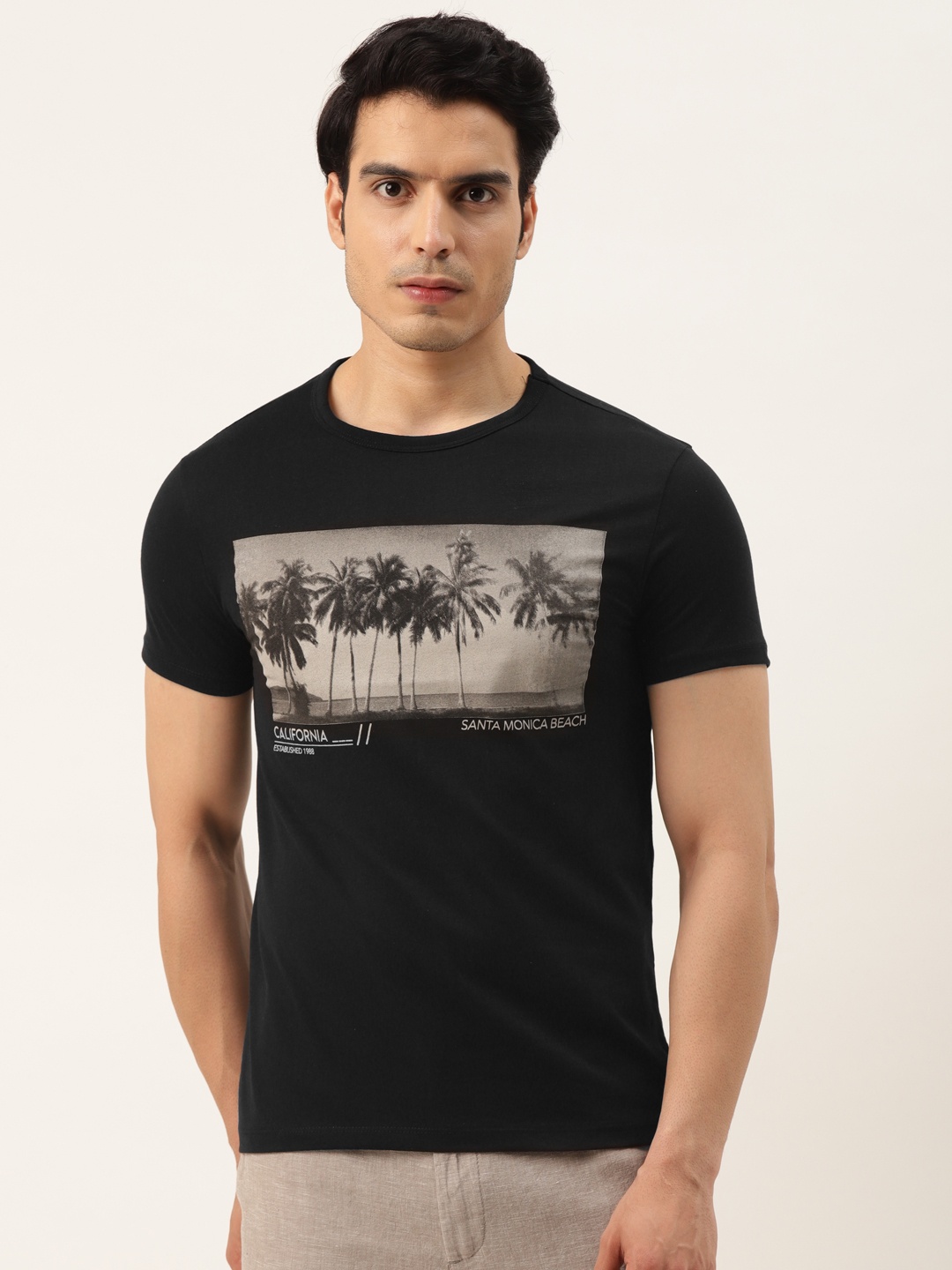

Koton Men Black Printed Slim Fit Pure Cotton T-shirt