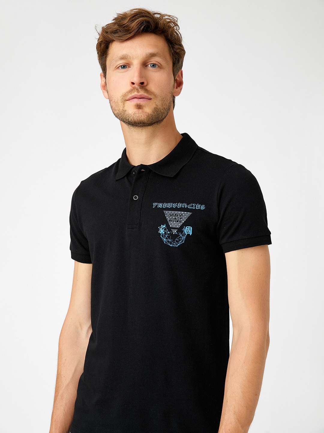 

Koton Men Black Printed Polo Collar Cotton Slim Fit T-shirt