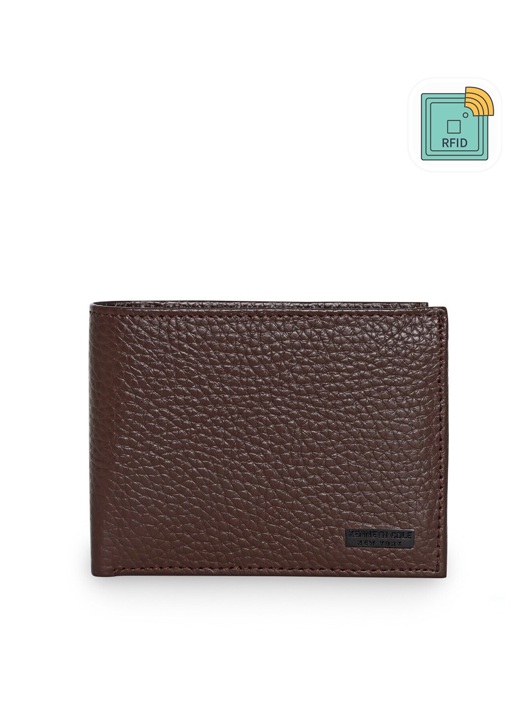 

Kenneth Cole Men Brown Textured Leather Two Fold Wallet with RFID