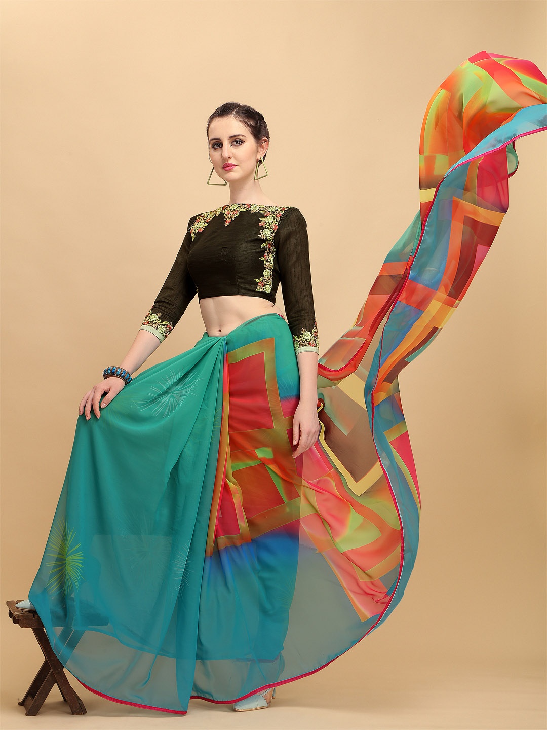 

Sangria Turquoise Blue & Red Colourblocked Pure Georgette Saree