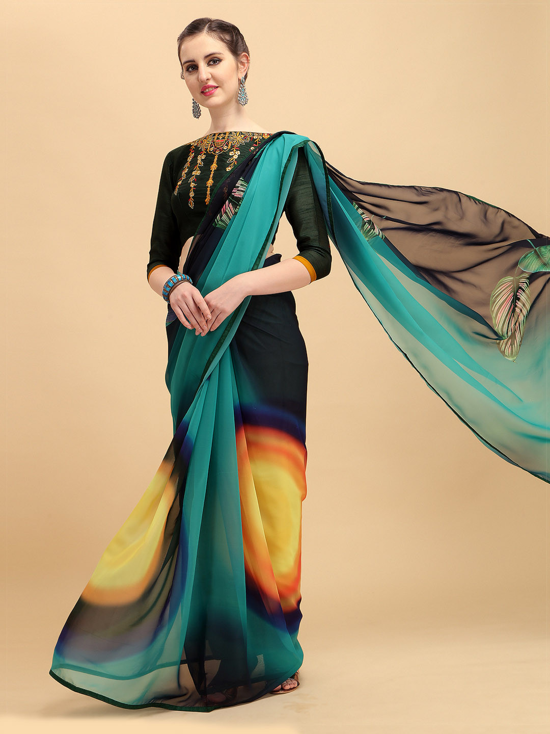 

Sangria Teal & Black Embroidered Pure Georgette Saree