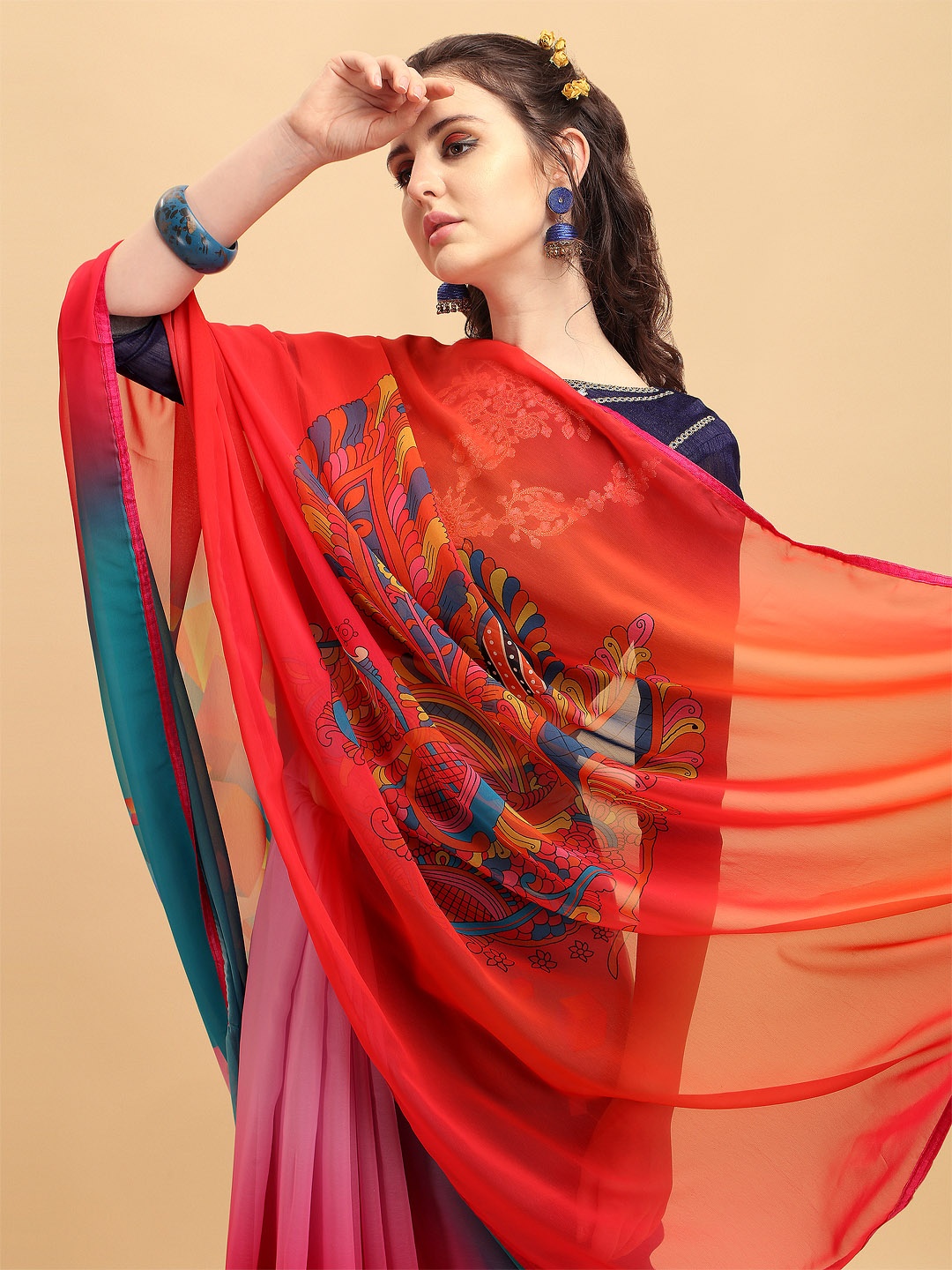 

Sangria Red & Turquoise Blue Ethnic Motifs Pure Georgette Saree