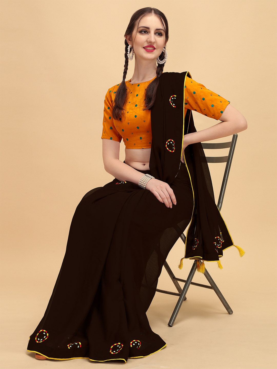 

Sangria Coffee Brown & Orange Embroidered Pure Georgette Saree