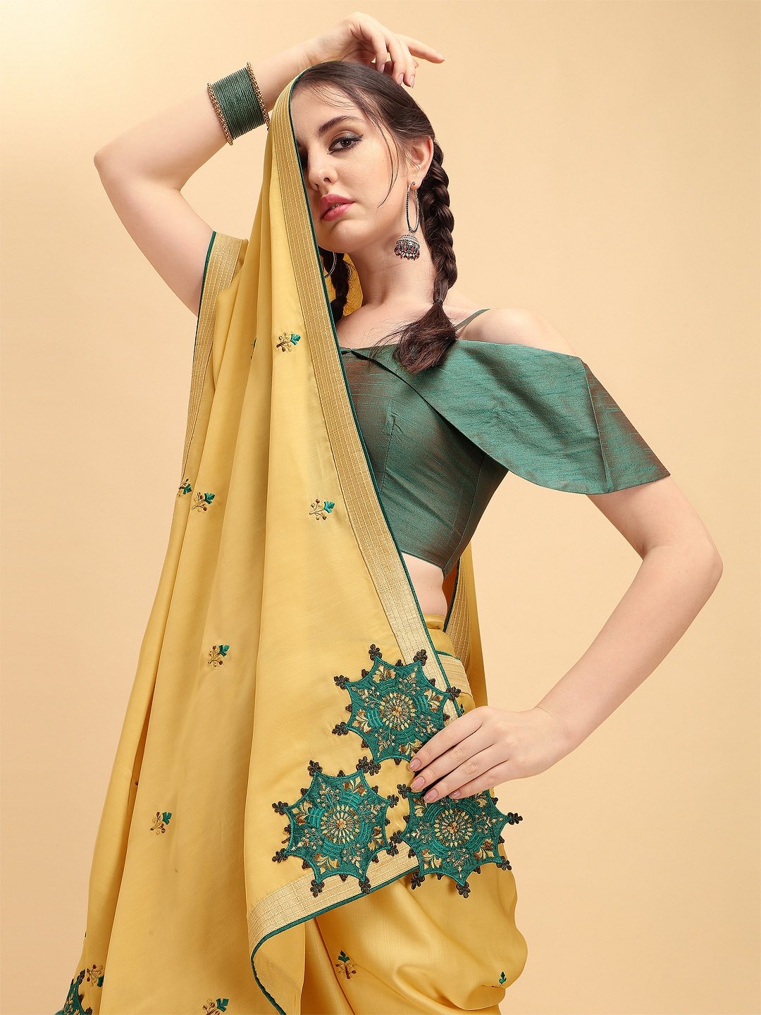

Sangria Yellow & Green Floral Embroidered Silk Blend Saree