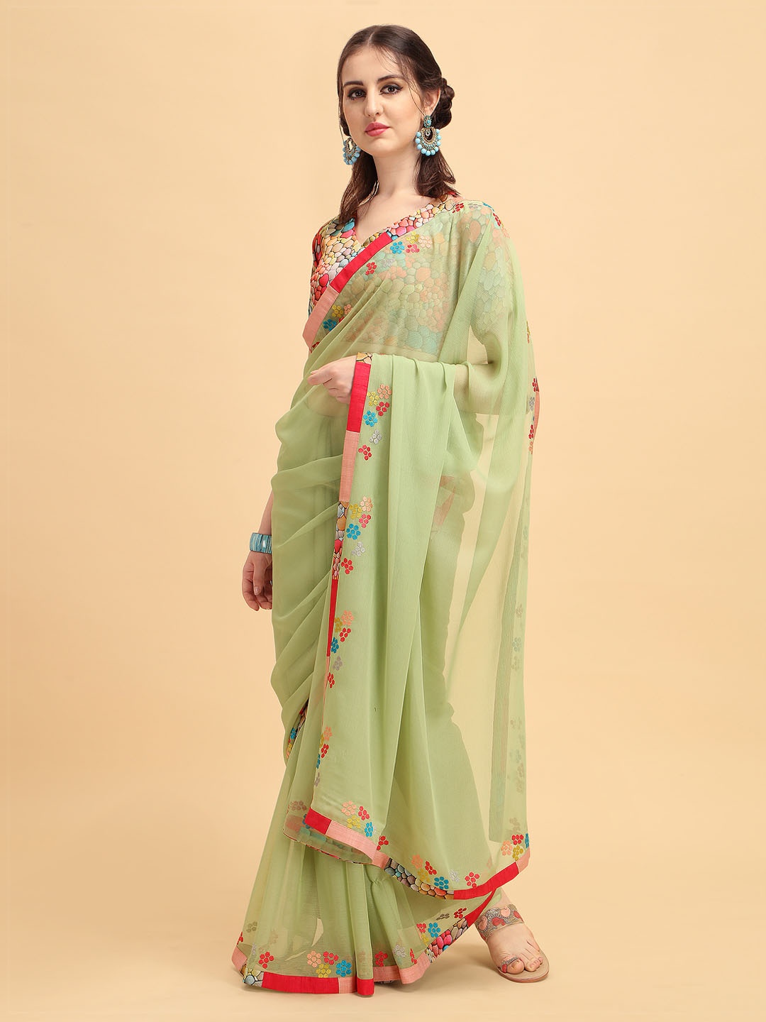 

Sangria Green & Red Floral Embroidered Pure Georgette Saree