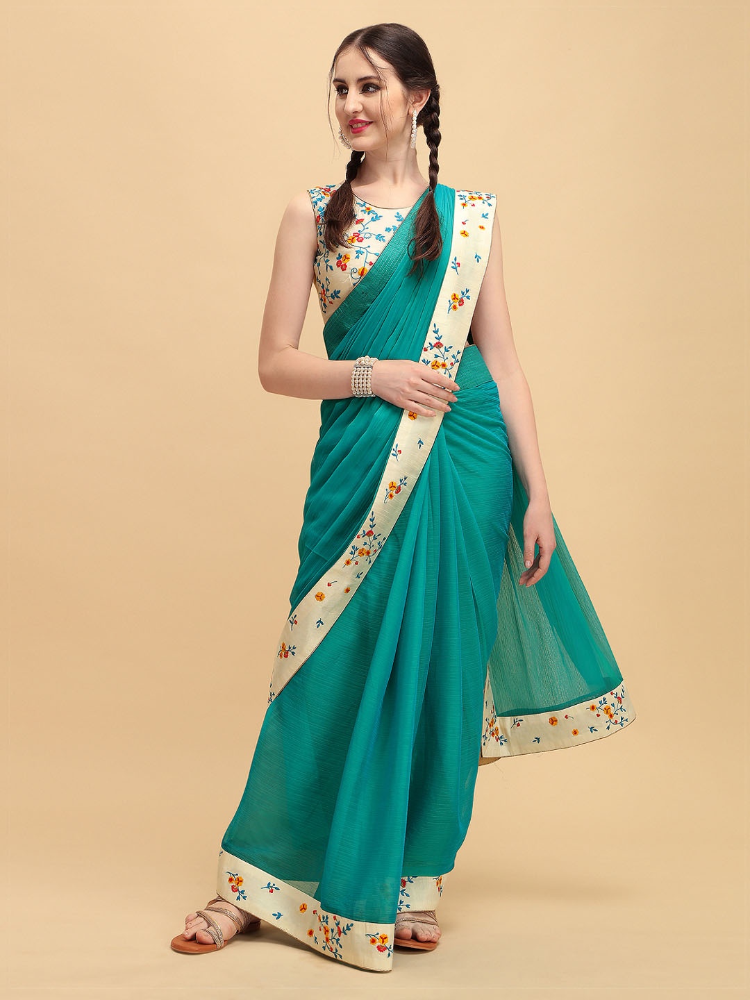 

Sangria Turquoise Blue & Off White Embroidered Silk Blend Saree