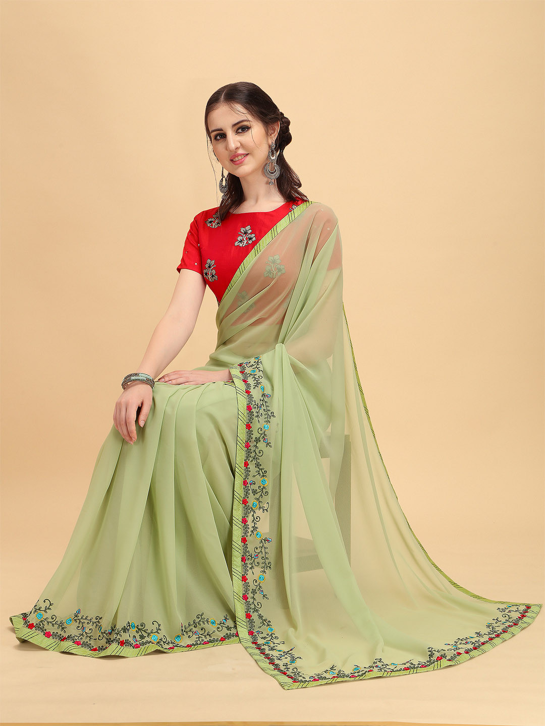 

Sangria Green & Red Floral Embroidered Pure Georgette Saree