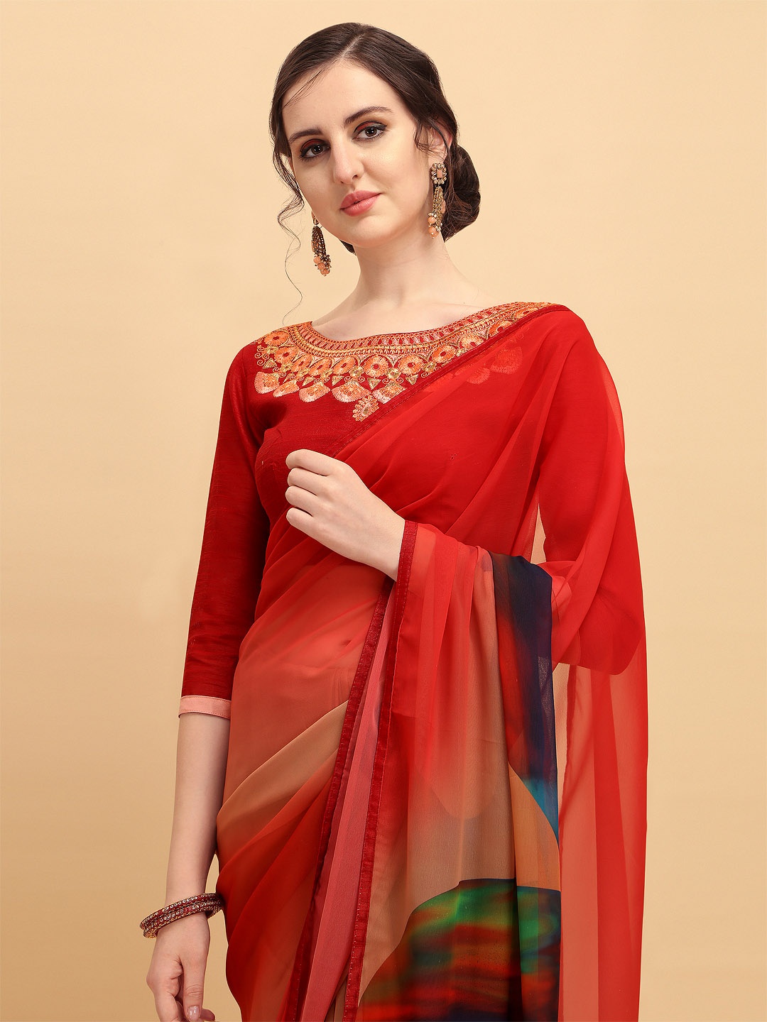 

Sangria Red & Orange Floral Embroidered Pure Georgette Saree
