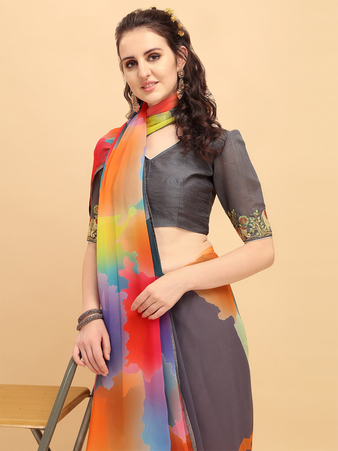 

Sangria Grey & Orange Pure Georgette Saree