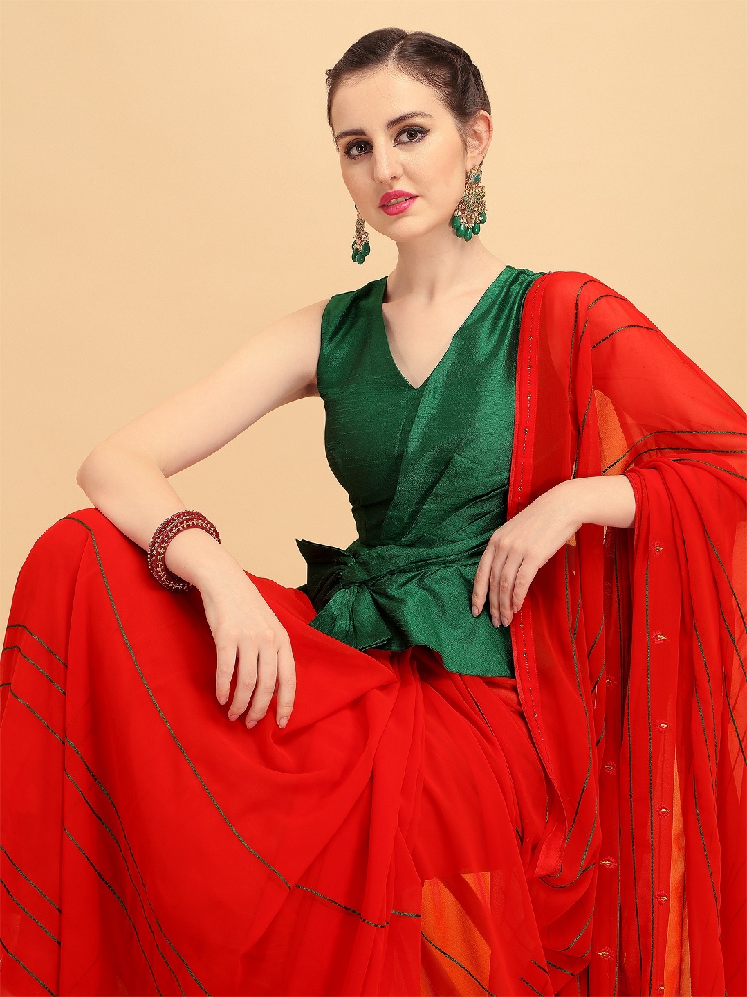 

Sangria Red & Green Striped Pure Georgette Saree