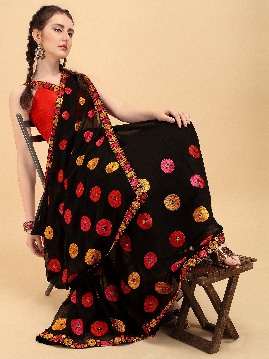 

Sangria Black & Pink Embroidered Silk Blend Heavy Work Saree