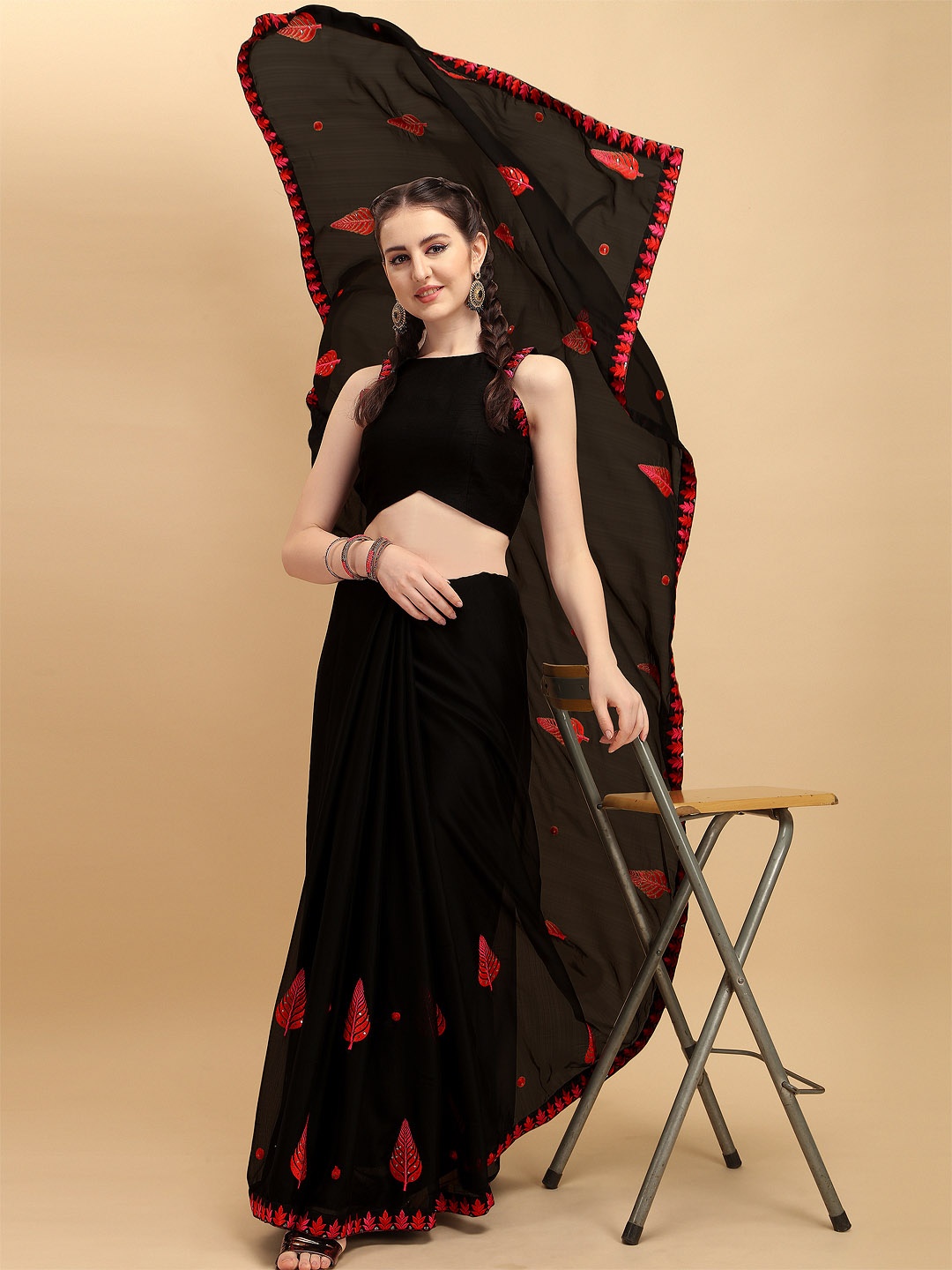 

Sangria Black & Pink Ethnic Motifs Sequinned Silk Blend Saree