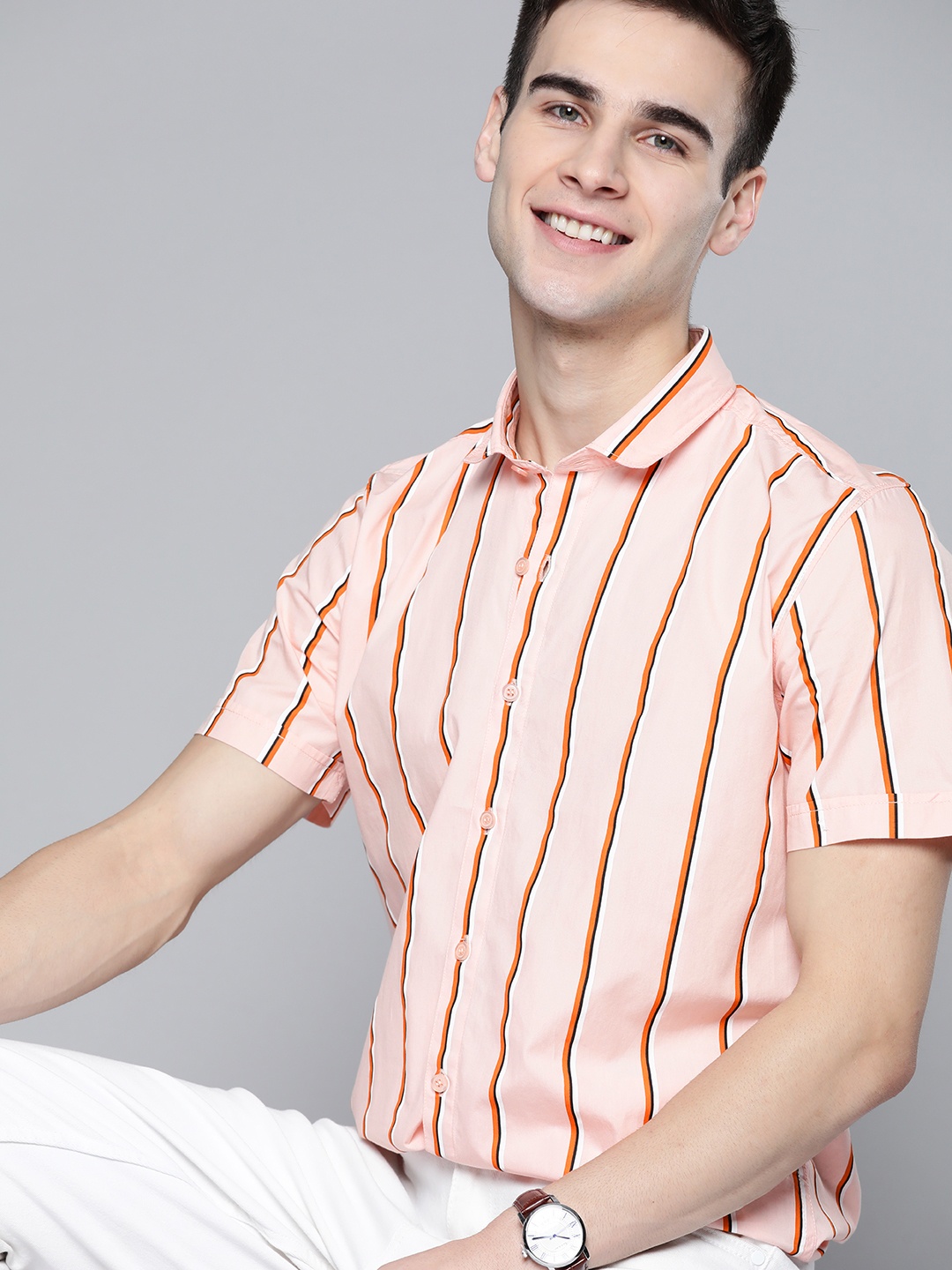 

Mast & Harbour Men Peach-Coloured Striped Pure Cotton Casual Shirt