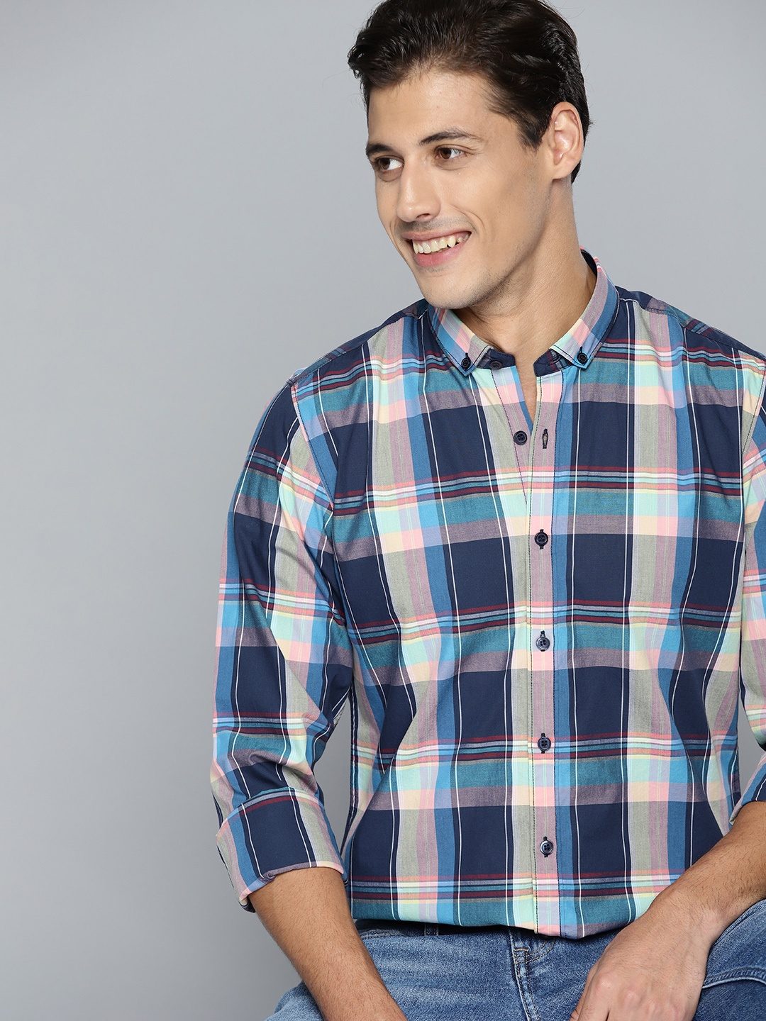 

Mast & Harbour Men Navy Blue & Orange Pure Cotton Tartan Checks Checked Casual Shirt