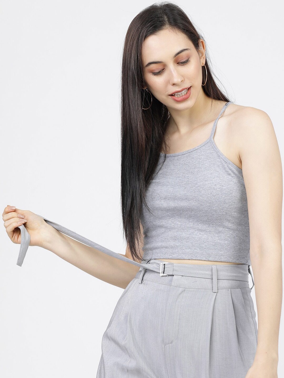 

Tokyo Talkies Grey Fitted Shoulder Strap Crop Top