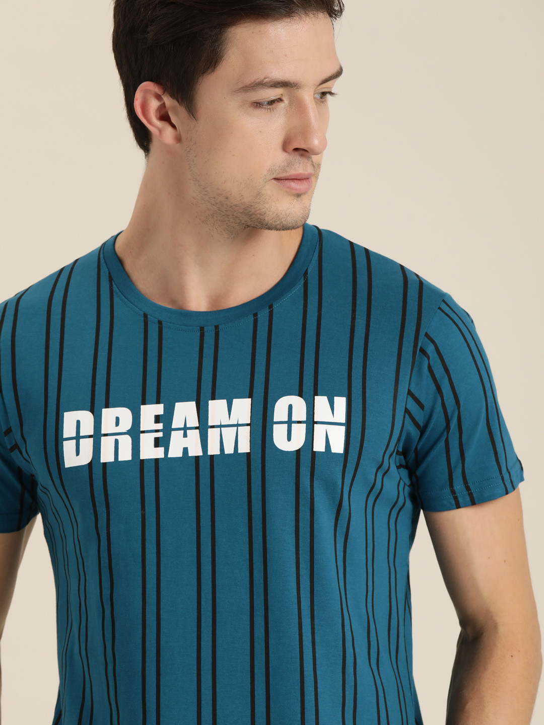 

Moda Rapido Men Teal Blue Black Striped Pure Cotton T-shirt