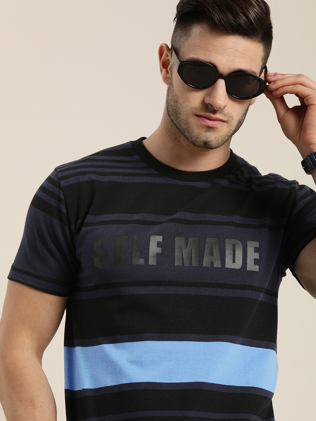 

Moda Rapido Men Black Navy Blue Striped Round Neck Pure Cotton T-shirt