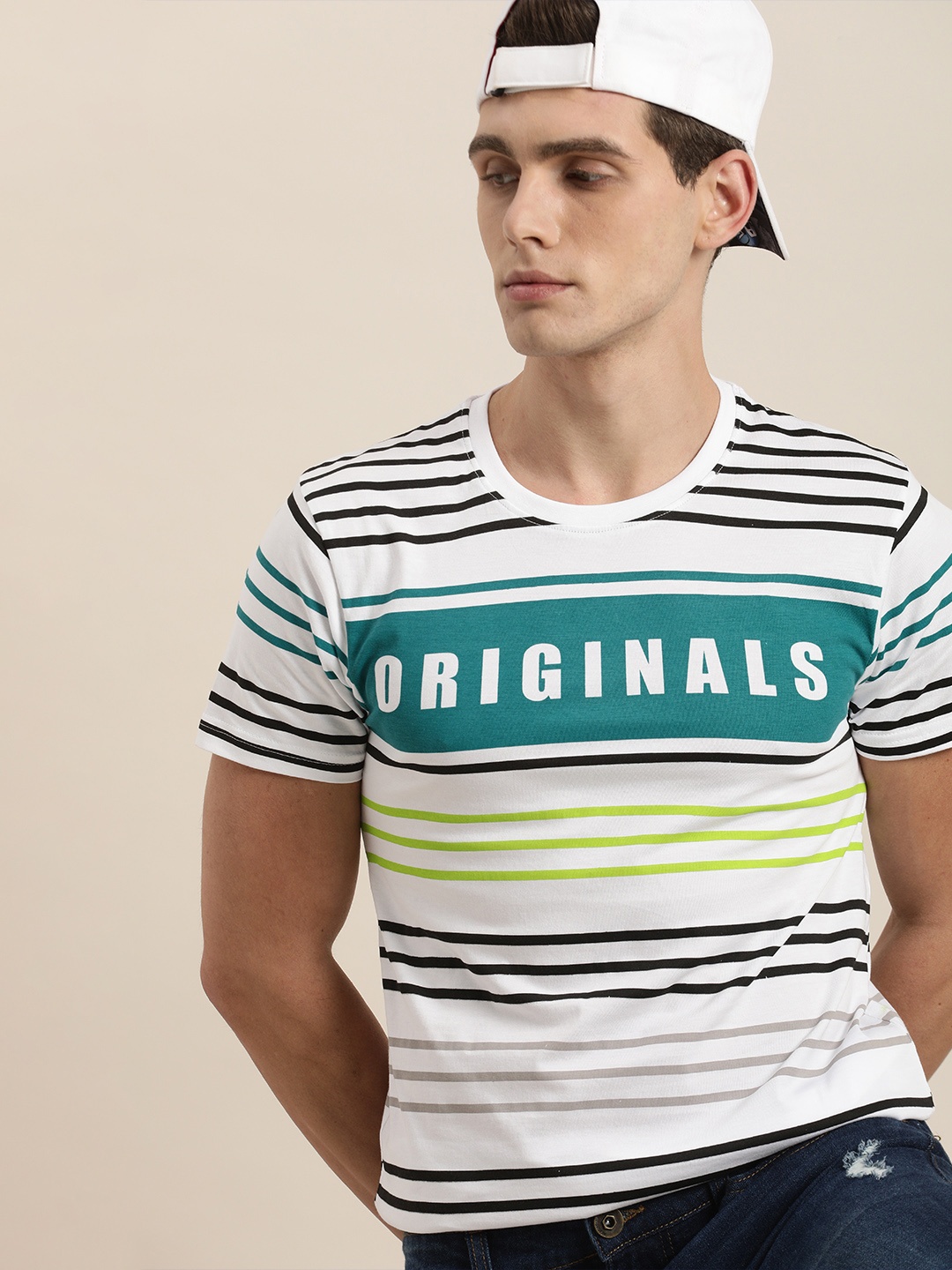 

Moda Rapido Men White & Green Pure Cotton Striped T-shirt