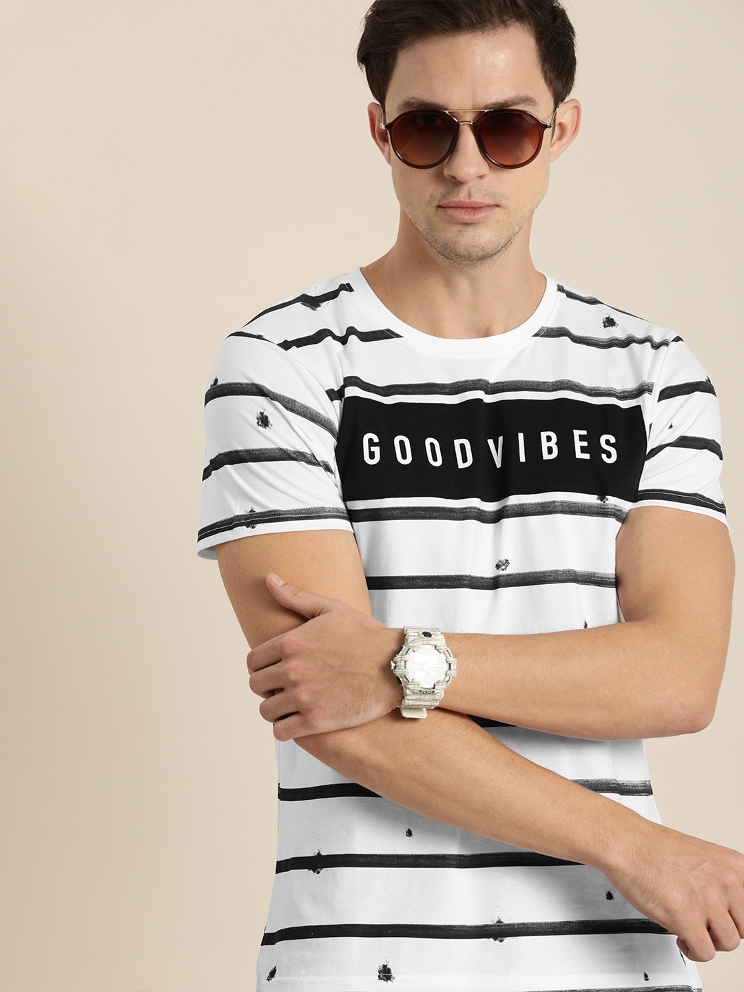 

Moda Rapido Men White Black Striped Pure Cotton T-shirt