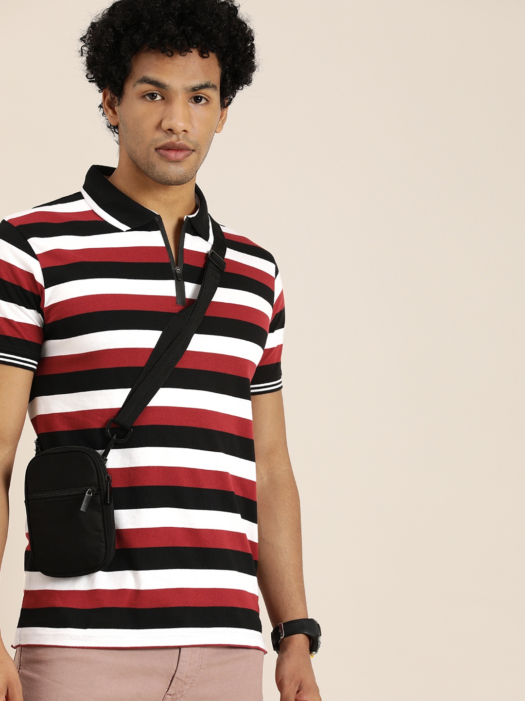 

Moda Rapido Men White & Red Striped Polo Collar T-shirt