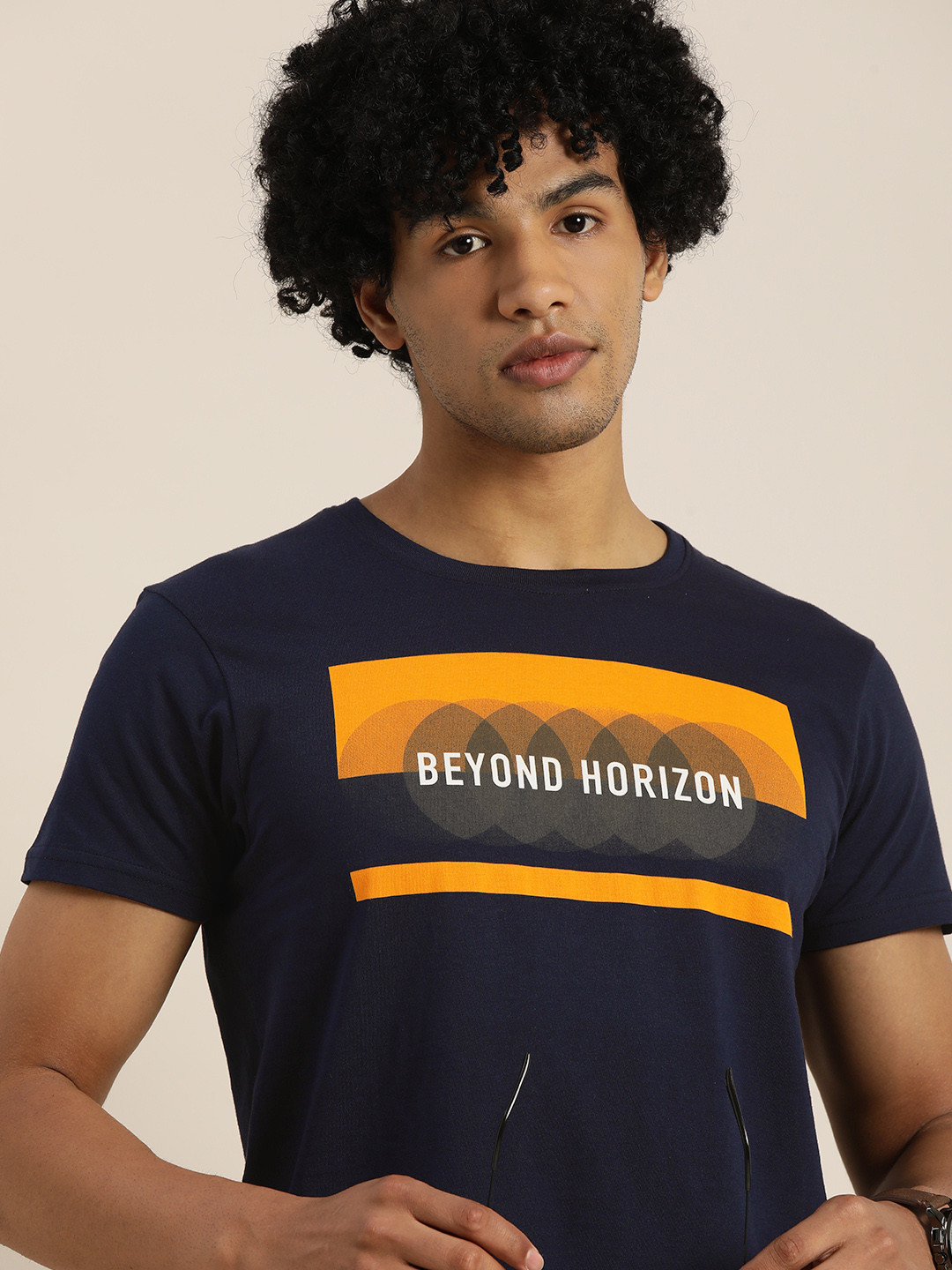 

Moda Rapido Men Navy Blue Mustard Yellow Typography Print Pure Cotton T-shirt
