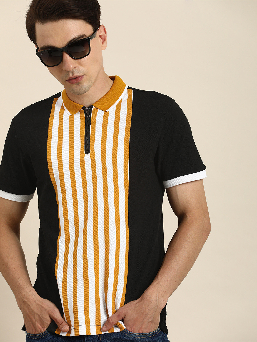 

Moda Rapido Men Black White Striped Polo Collar Pure Cotton T-shirt