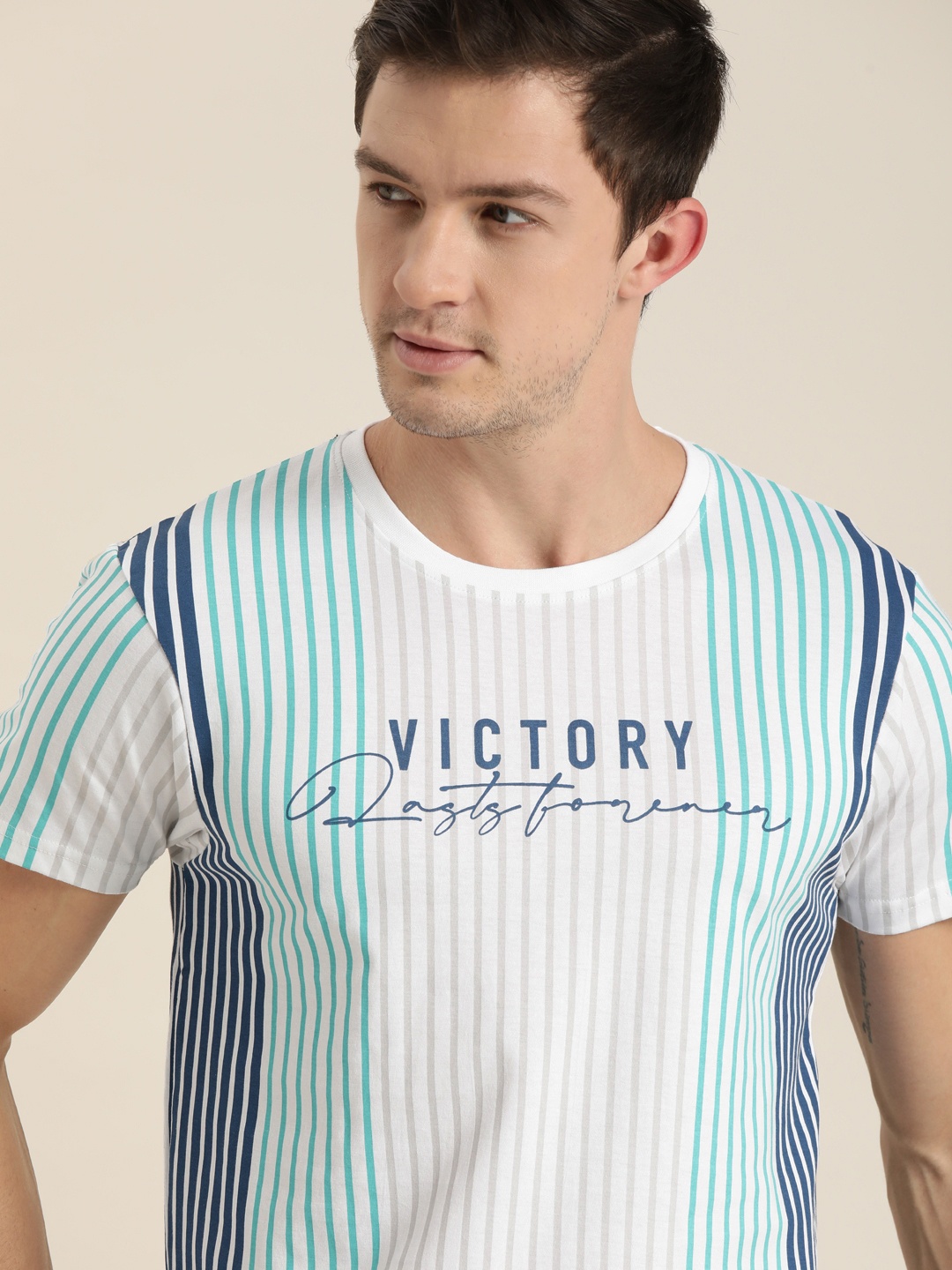 

Moda Rapido Men White Sea Green Striped Pure Cotton T-shirt