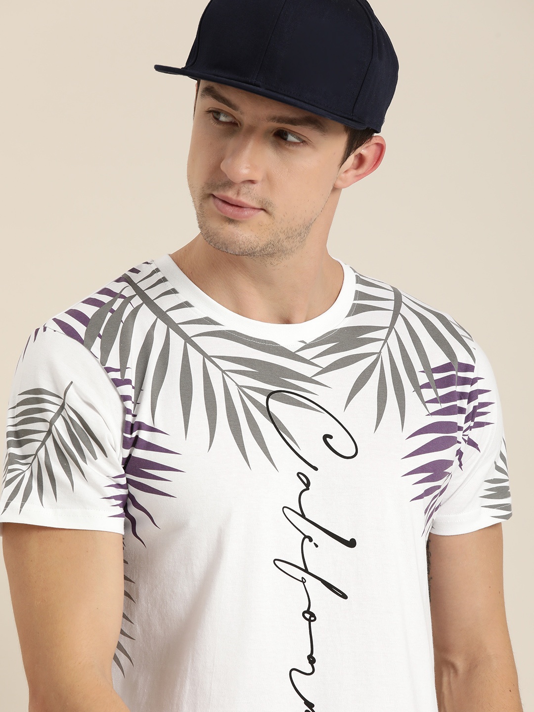 

Moda Rapido Men White Grey Tropical Printed Pure Cotton T-shirt