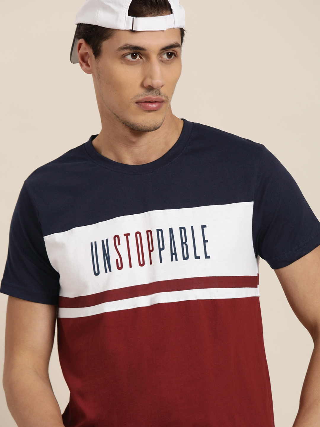 

Moda Rapido Men Navy Blue & Maroon Colourblocked Cotton T-shirt