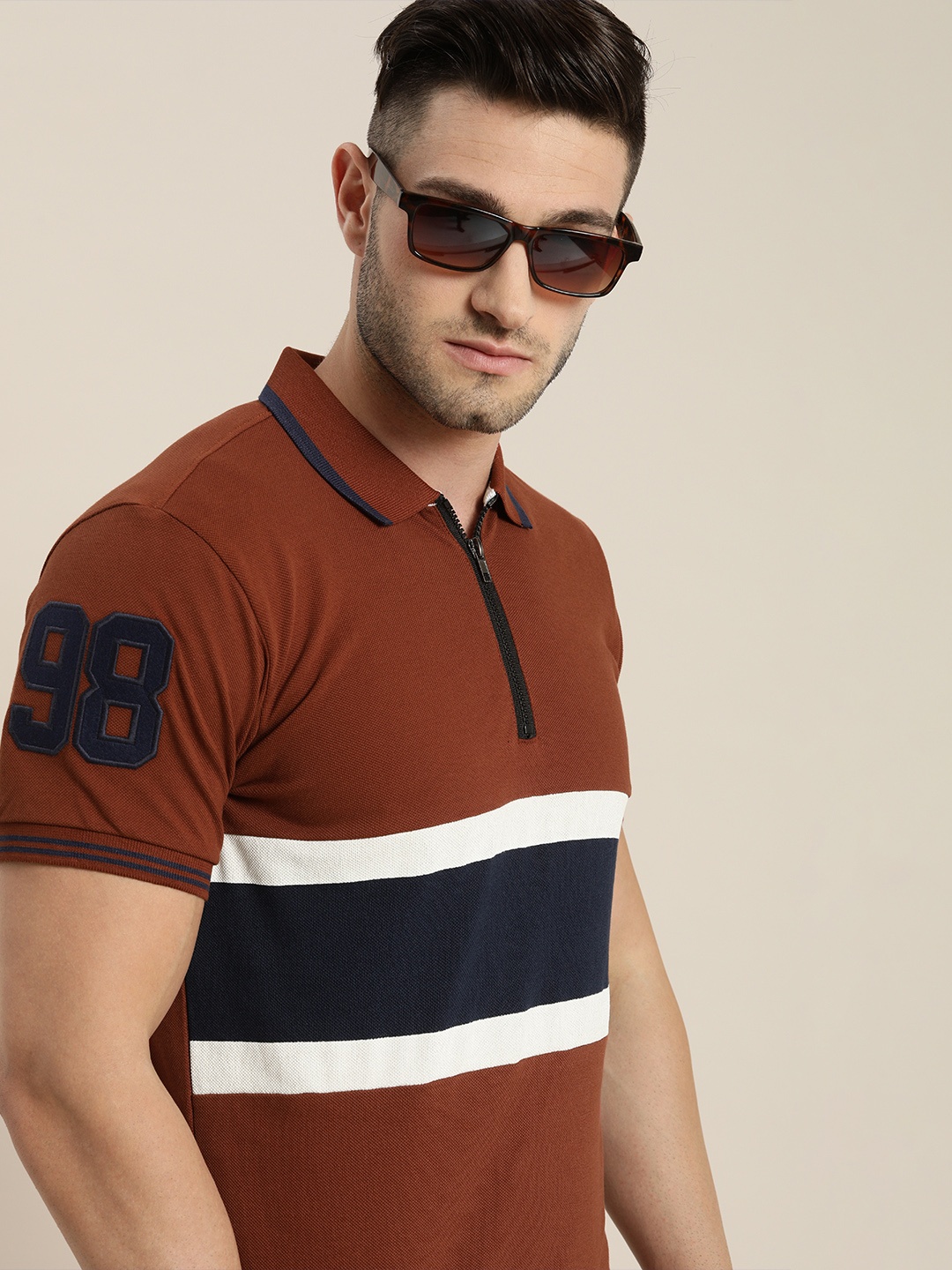 

Moda Rapido Men Brown Black Colourblocked Polo Collar Pure Cotton T-shirt