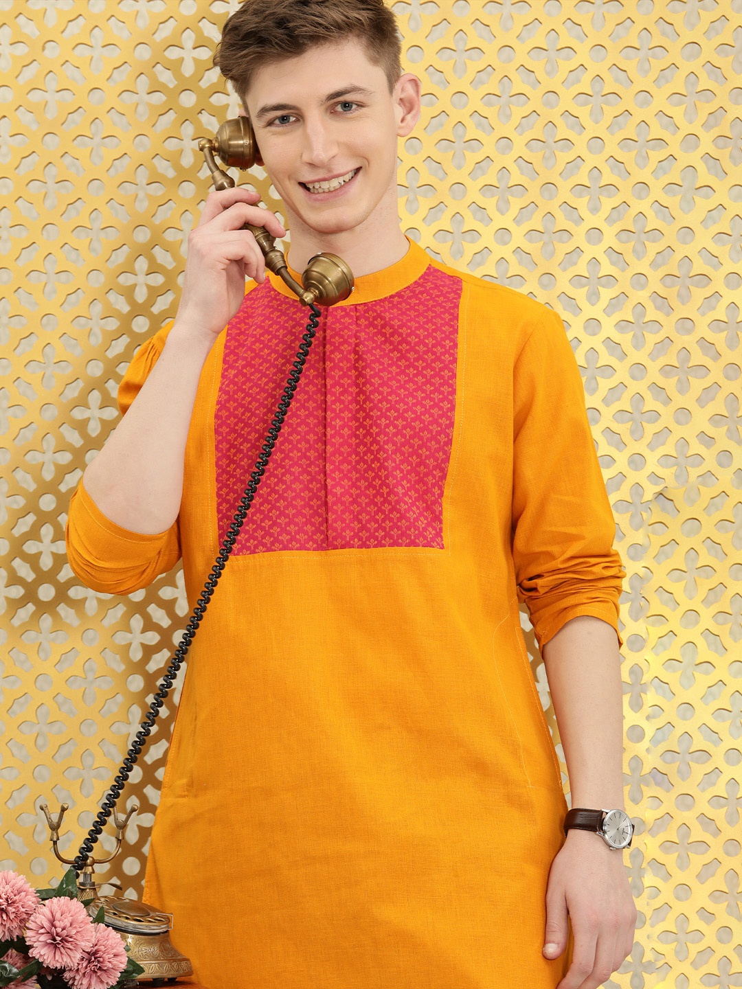 

Ode by House of Pataudi Men Mustard Yellow & Fuchsia Pink Yoke Design Rozana Kurta