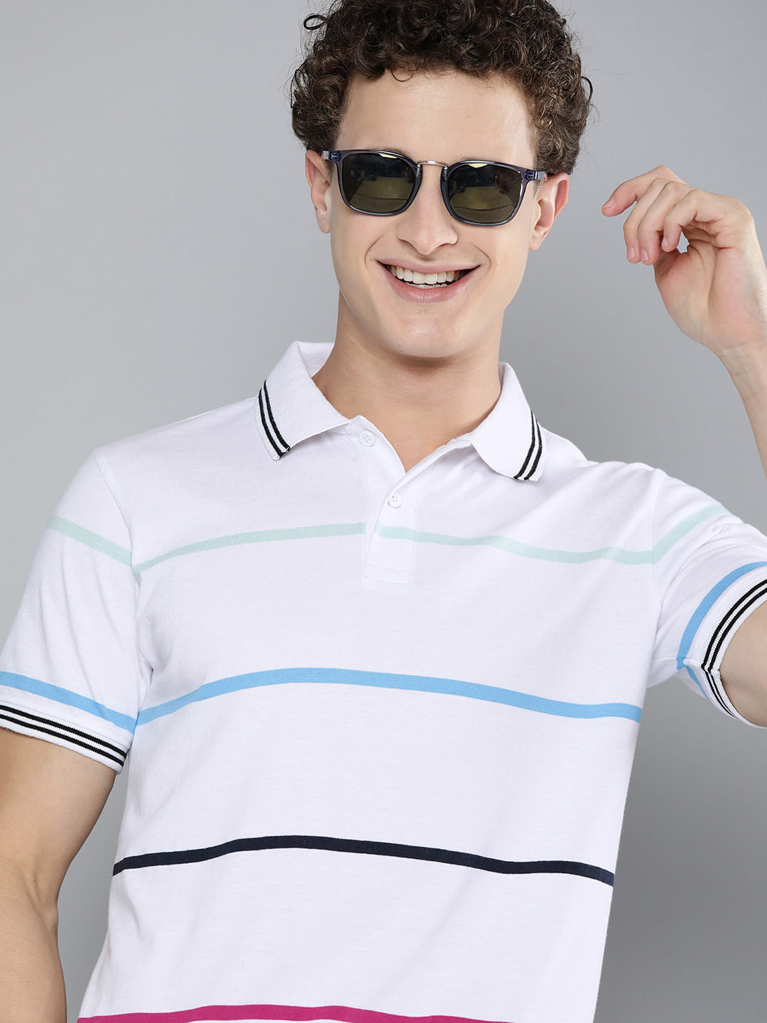 

HERE&NOW Men White & Blue Striped Polo Collar T-shirt