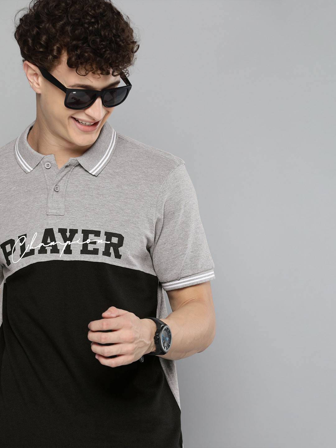 

HERENOW Men Grey Black Colourblocked Polo Collar Pure Cotton T-shirt