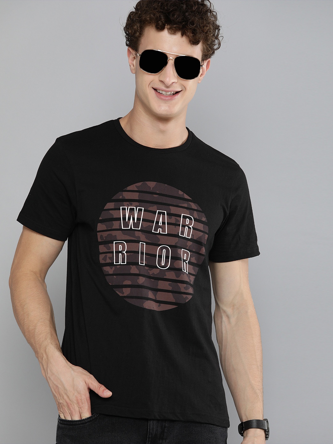 

HERENOW Men Black Typography Printed Pure Cotton T-shirt