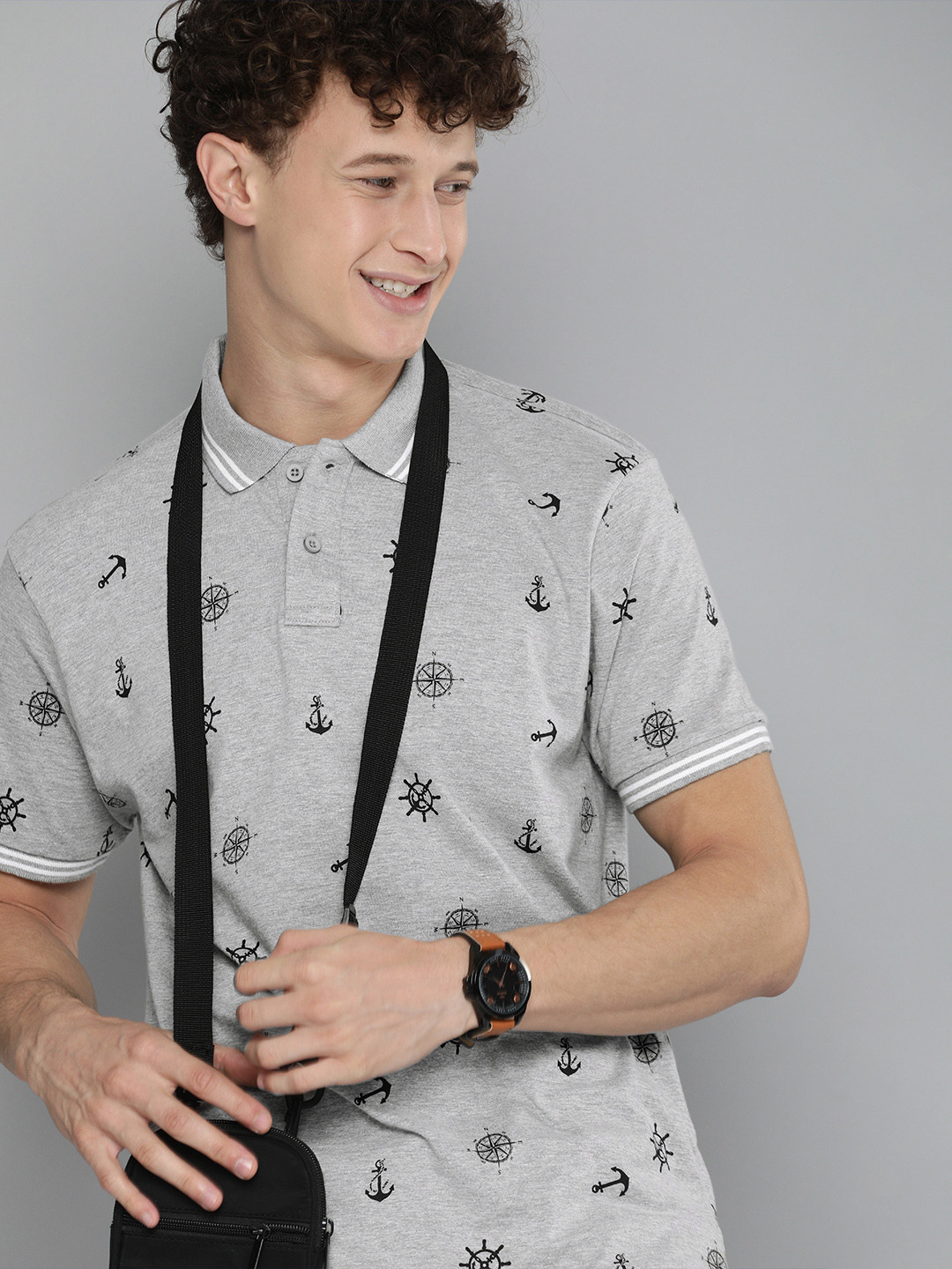 

HERE&NOW Men Grey & Black Printed Polo Collar T-shirt