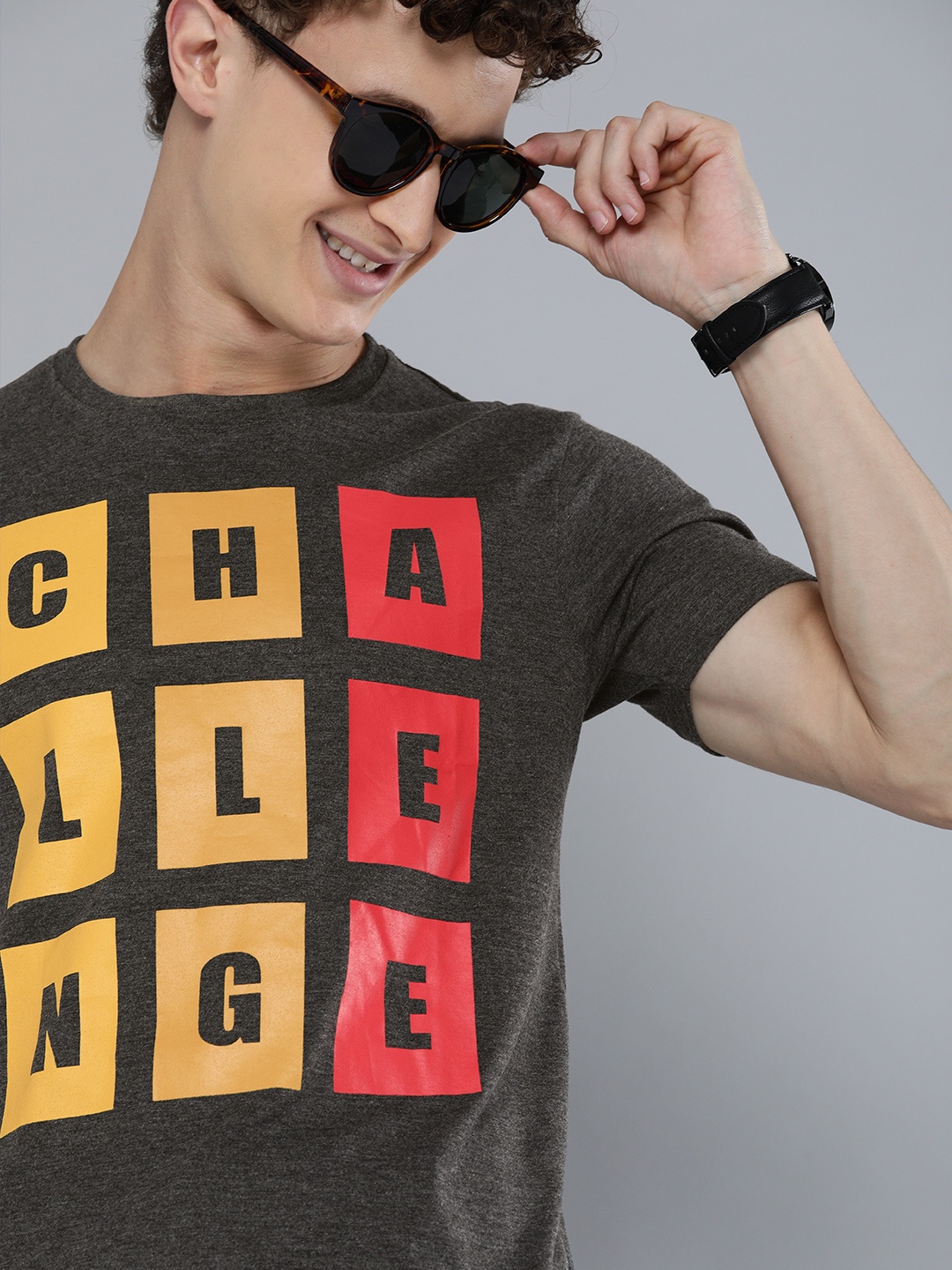 

HERENOW Men Charcoal Black Pure Cotton Typography Printed Pure Cotton T-shirt
