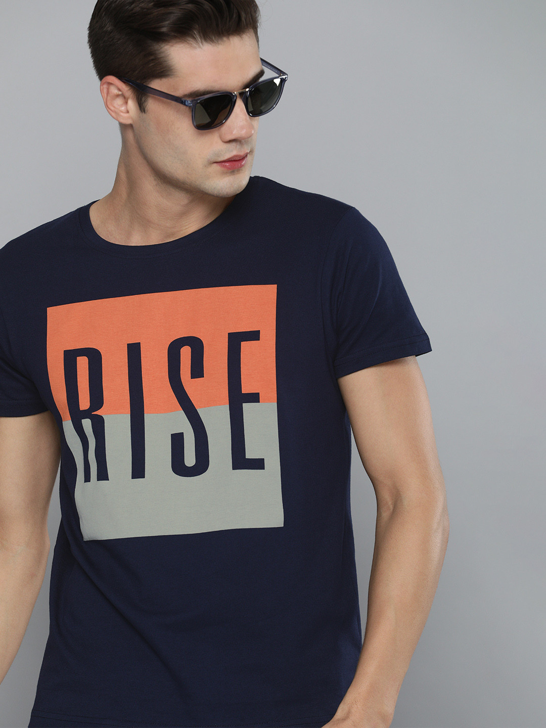 

HERENOW Men Navy Blue Grey Printed Pure Cotton T-shirt