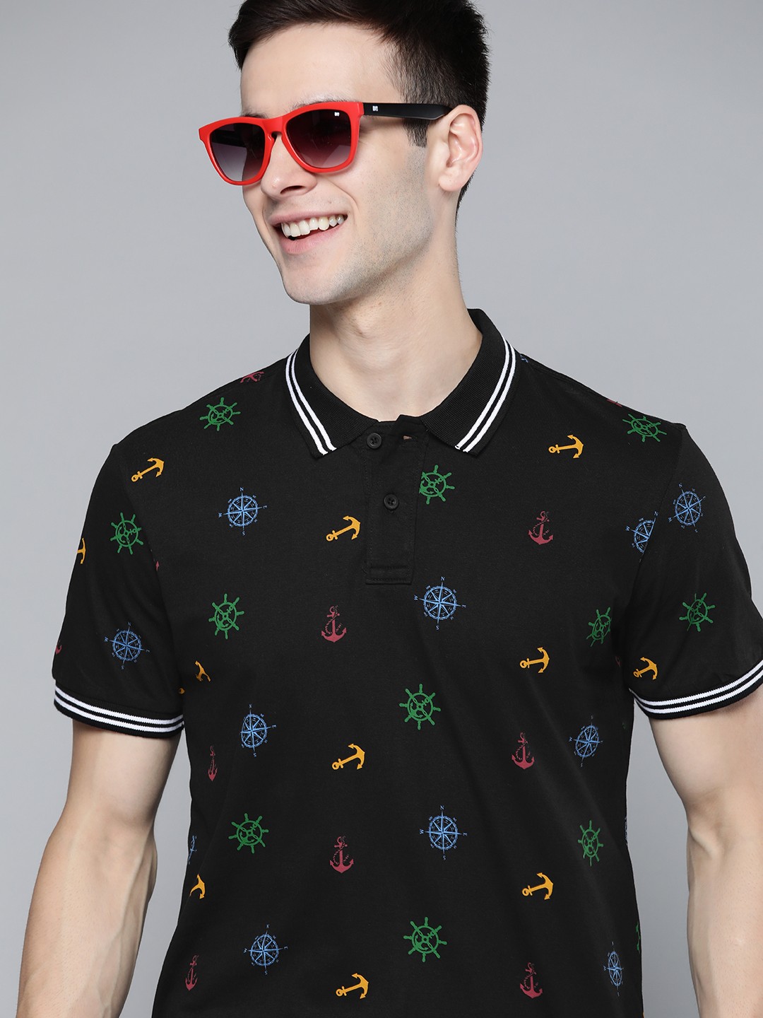 

HERENOW Men Black Green Pure Cotton Nautical Print Polo Collar Pure Cotton T-shirt