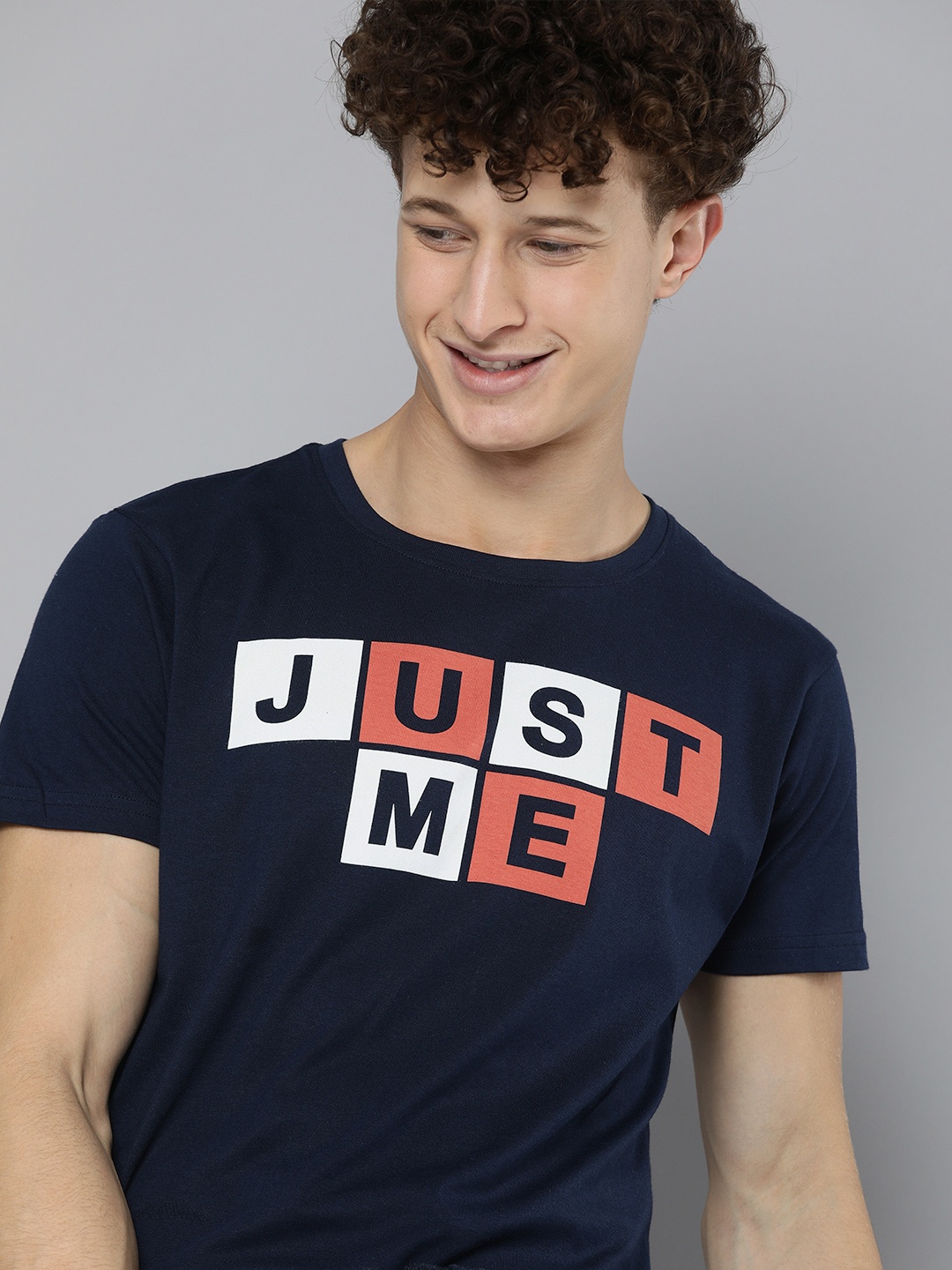 

HERENOW Men Navy Blue Typography Printed Pure Cotton T-shirt