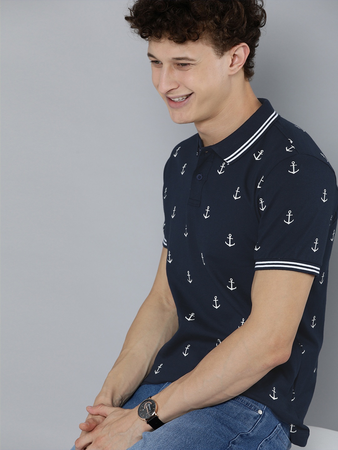 

HERENOW Men Navy Blue White Printed Polo Collar Pure Cotton T-shirt