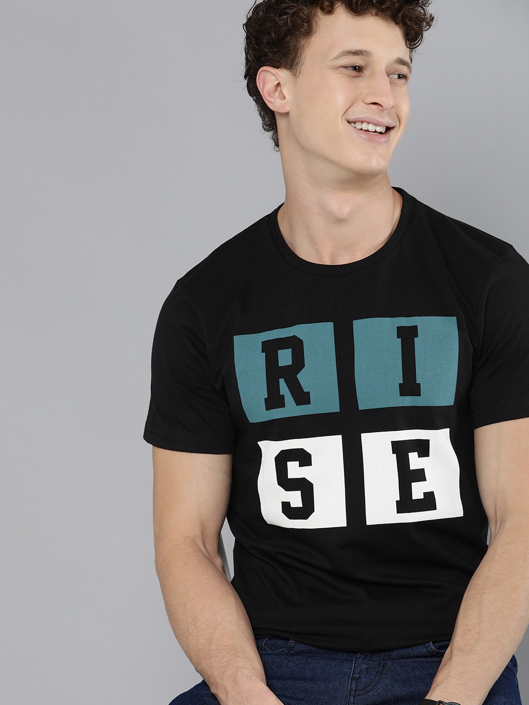 

HERENOW Men Black Typography Printed Pure Cotton T-shirt