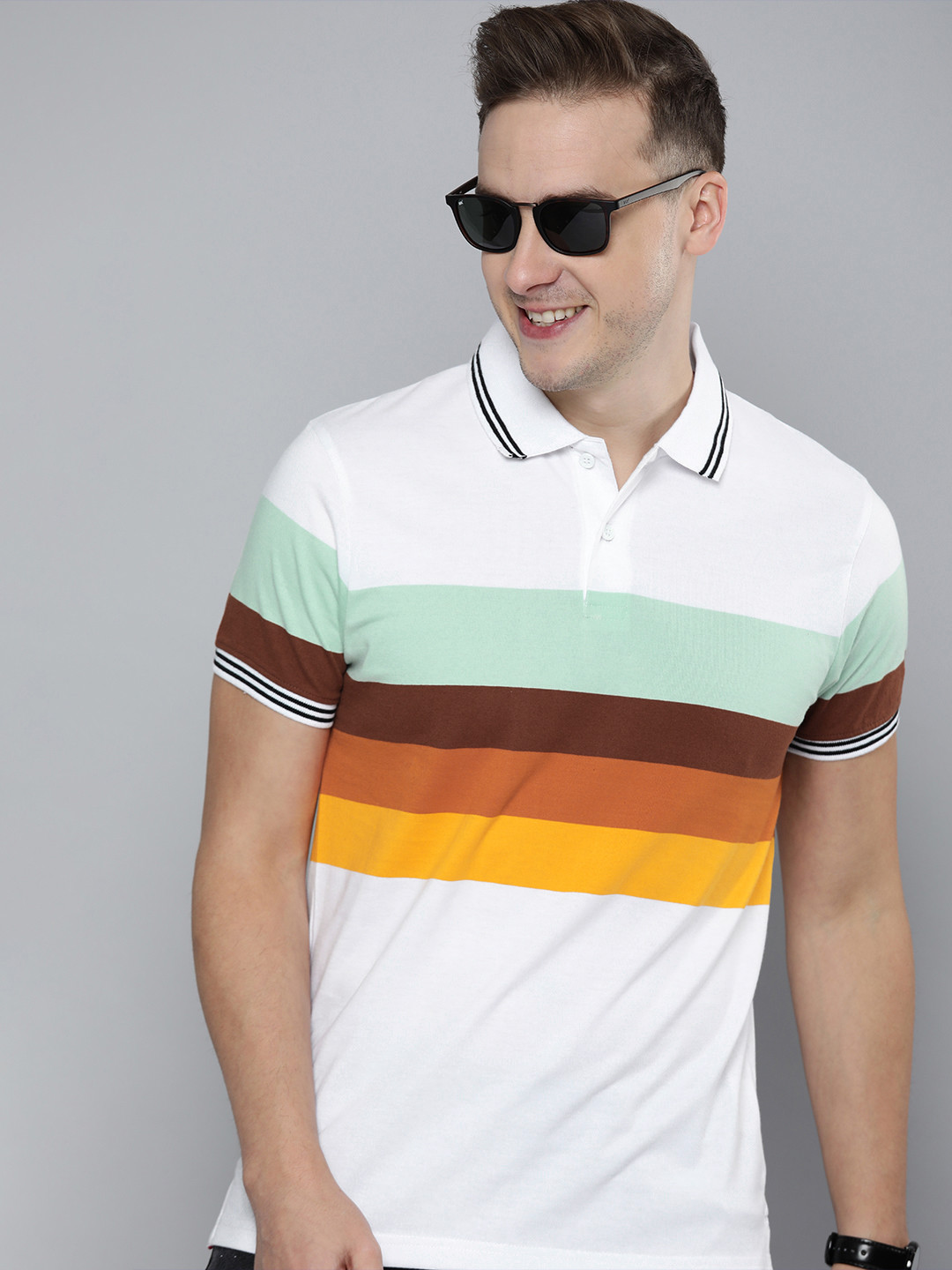 

HERENOW Men Multicoloured Striped Polo Collar Pure Cotton T-shirt, Multi